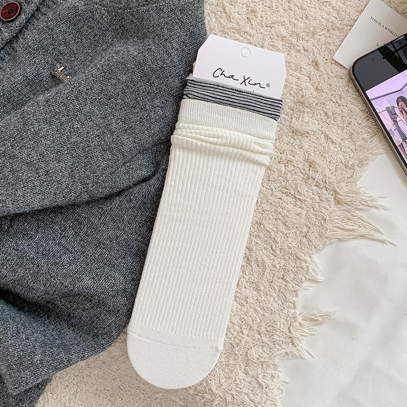 Women's Japanese Style Ribbed Stripe Mid-Calf Socks - Grey Patchwork Fake Two-Piece for Spring/Autumn Versatile Girly Fashion