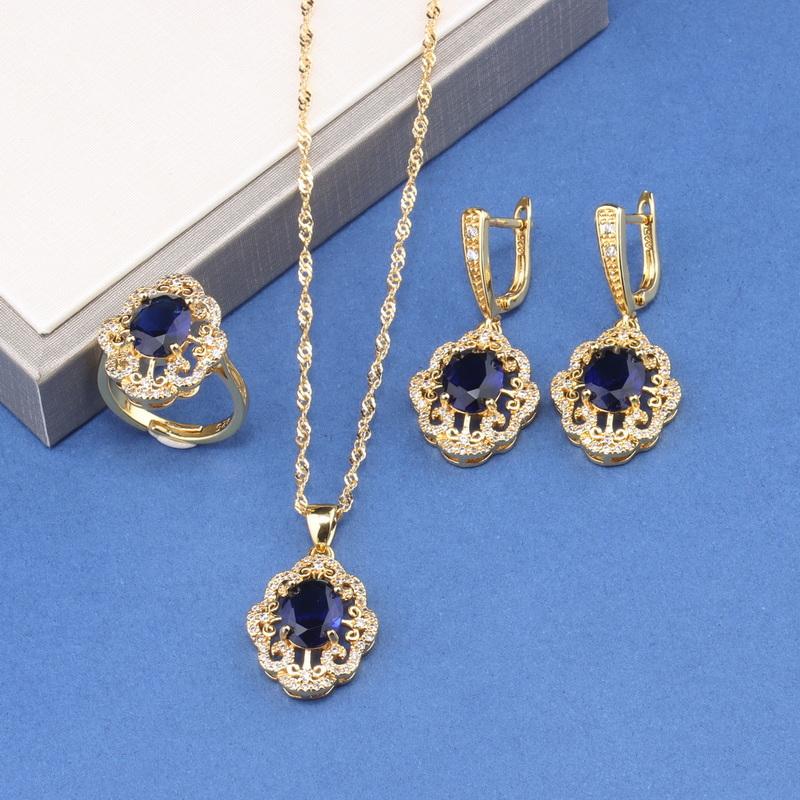 12-Colors Colorful Zircon Jewelry Accessories Gold Plated Bridal Wedding Sets Necklace And Earrings Ring For Women Gift