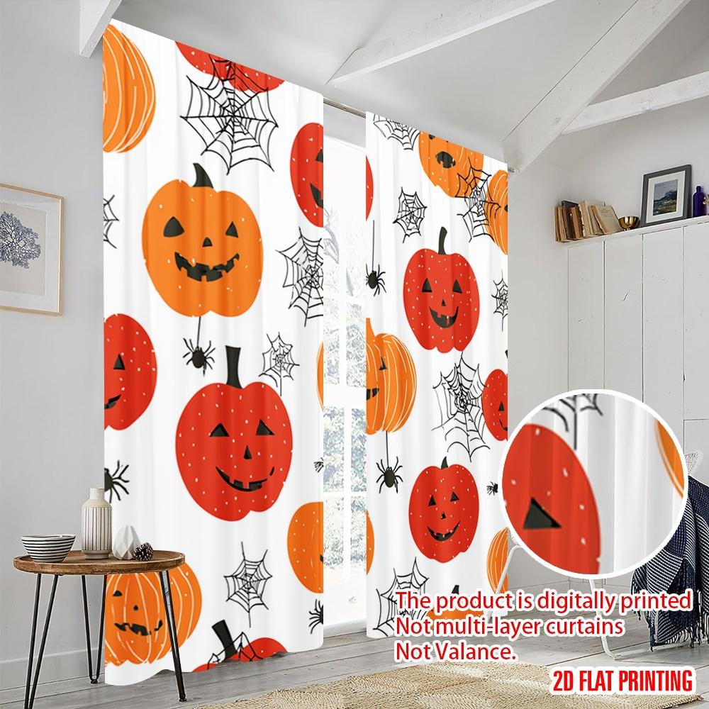 2pcs,2D Plane Printing Creative Curtains Pumpkins and Webs Durable 100% Polyester Fabric (without Rod) Holiday for Bedroom &