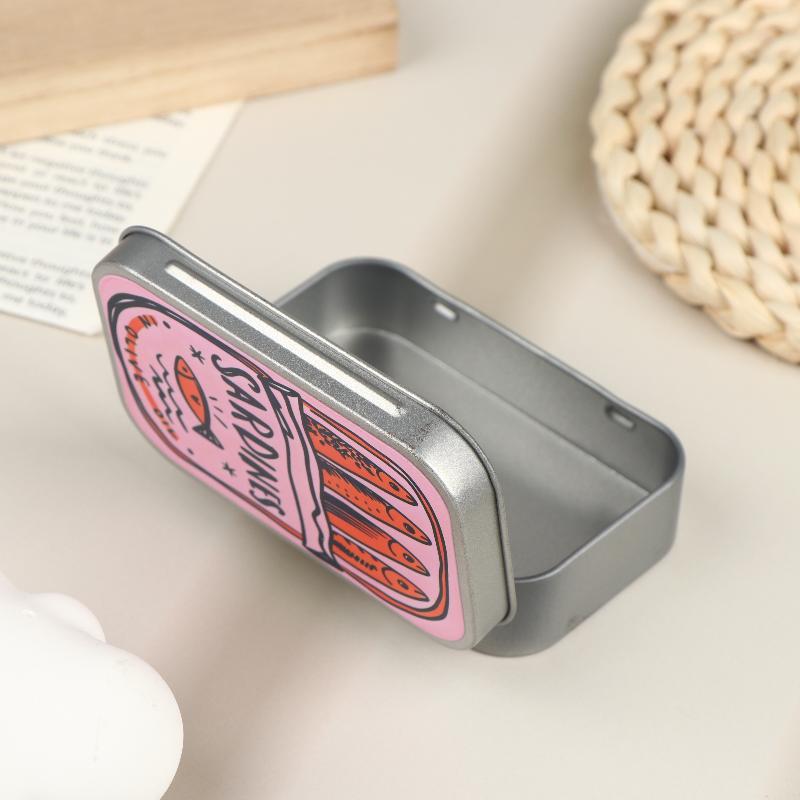 1Pcs Portable Tin Case Mini Metal Box Cute Sardine Print Tin Box Small Pill Case Travel Jewelry Storage Case Desk
