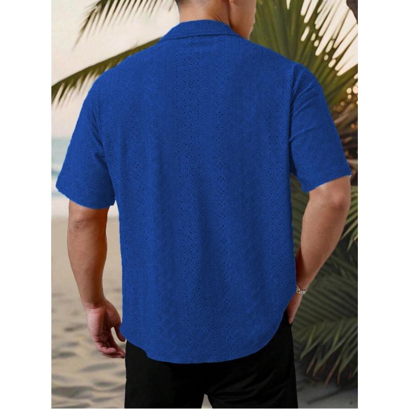 Spring Popular Men's Hollow Jacquard Short Sleeve Shirt Versatile Casual Breathable Comfortable Top