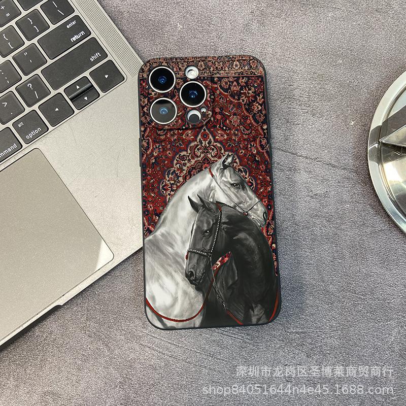 Retro pattern horse suitable for iPhone15 mobile phone case 14PROMAX all-inclusive 13 anti-drop 16/15 protective case 17
