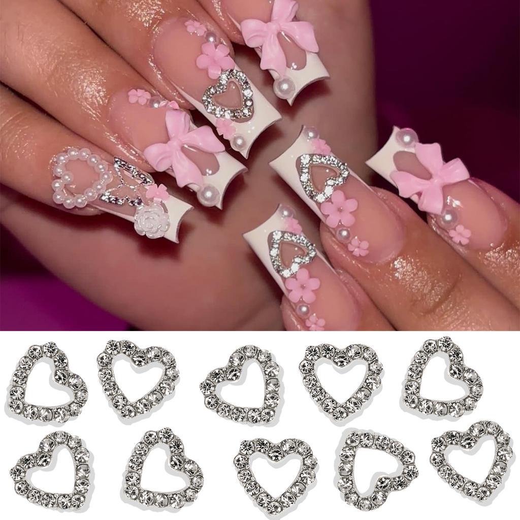10pcs Silver Diamond Heart Shape Nail Art Charms 3D Nail Alloy Hollow-Out Crystal DIY Manicure Art Decoration Accessories