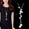 Ladies Fashion Faux Pearl Tassel Leaves Pendant Long Chain Sweater Necklace