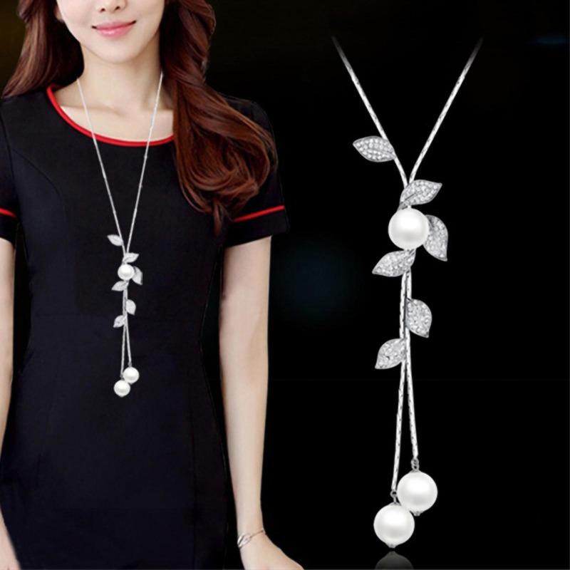 Ladies Fashion Faux Pearl Tassel Leaves Pendant Long Chain Sweater Necklace