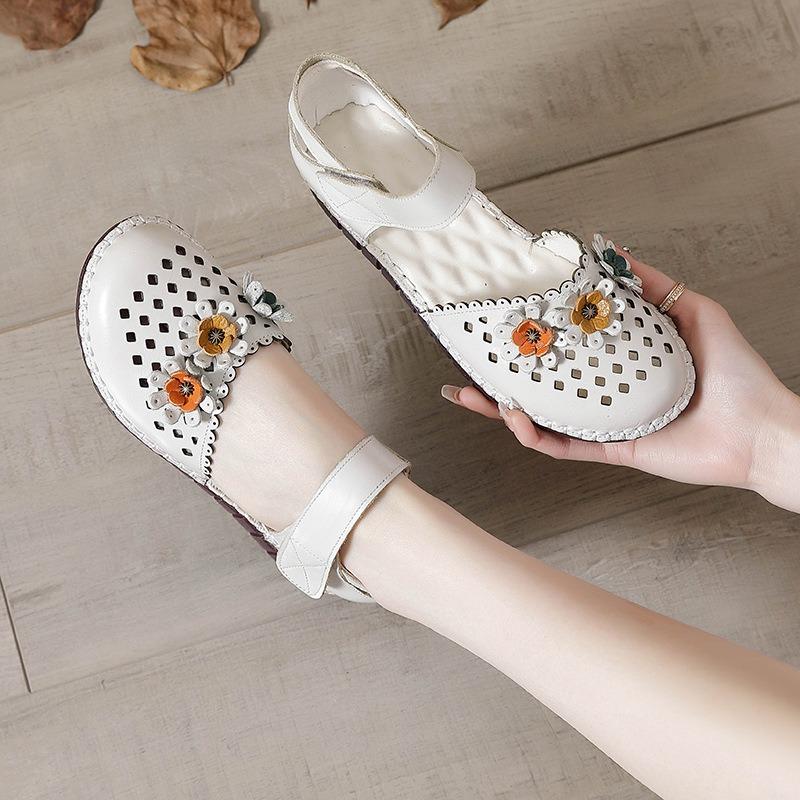 Summer new round head casual beef tendon sole women's shoes flower leather women's sandals breathable hole shoes