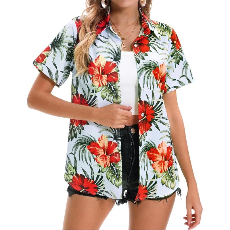 2026 Damenmode Neuankunft Kurzarm Hemdkragen Hemd Tropische Pflanze 3D Bedrucktes Hemd Hawaiianischer Urlaub Outdoor Freizeit Oberteil
