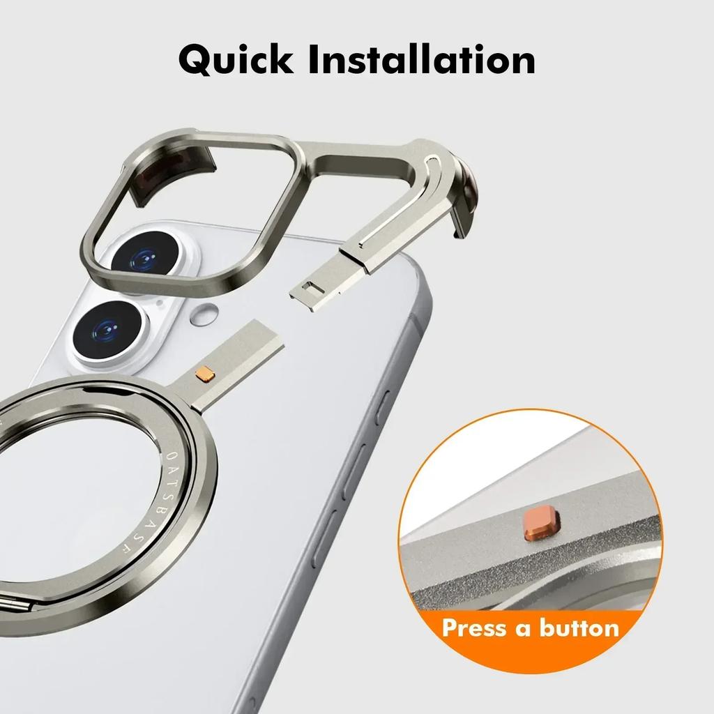 Oatsbasf Z Shape Metal Phone Case for iPhone 16 15 14 Pro Max with Stand 360°Rotate Magsafe Minimalist Frameless Protective Case