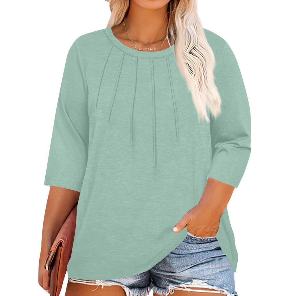 Women's Solid Color Round Neck Plus Size Tops 3/4 Sleeves Elegant Shirt Tops