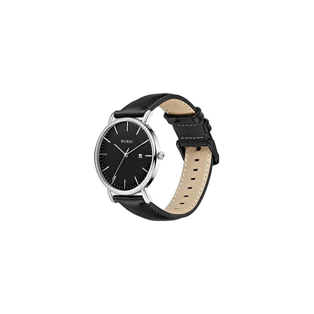 BUREI Men's Analog Watch Black Leather Waterproof Simple Design Silver Shell Timepiece
