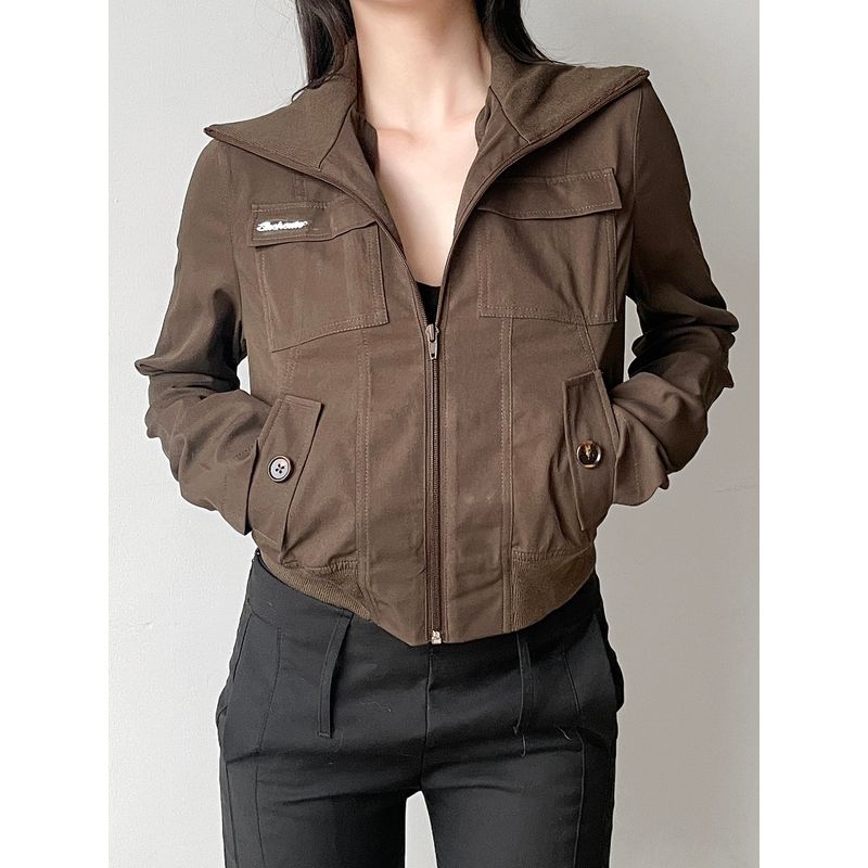 H Home European and American Women's Clothing Maillard Retro Pocket Zipper Workwear Short Jacket Sexy Slim Looking Stand Collar In Brown Jacket