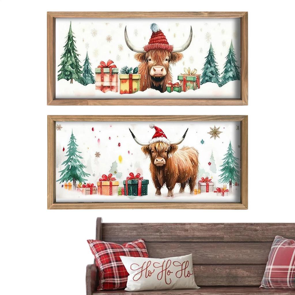 2PCS Christmas Highland Cow Picture Farmhouse Wall Decoration Rustic Wood Print Cow Art Wall Decor Christmas Decoration