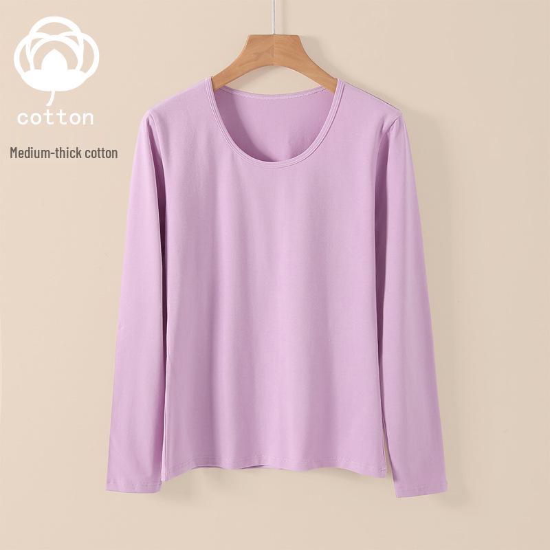 Women's Pure Cotton Long Sleeve Knit Top - Medium Thickness, Warm Autumn/Winter Base Layer, Thermal Cotton Wool Sweater