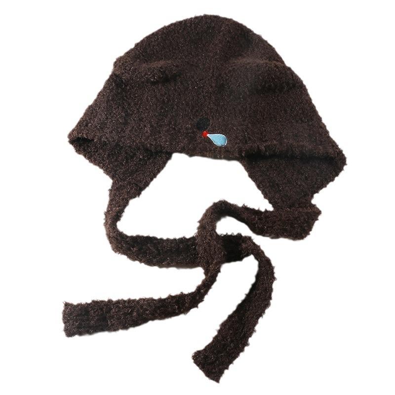 New Hat for Women's Snot Bear Lace Up Plush Hat Autumn and Winter Ear Protection Warm Pullover Hat Knitted Lei Feng Wool Hat
