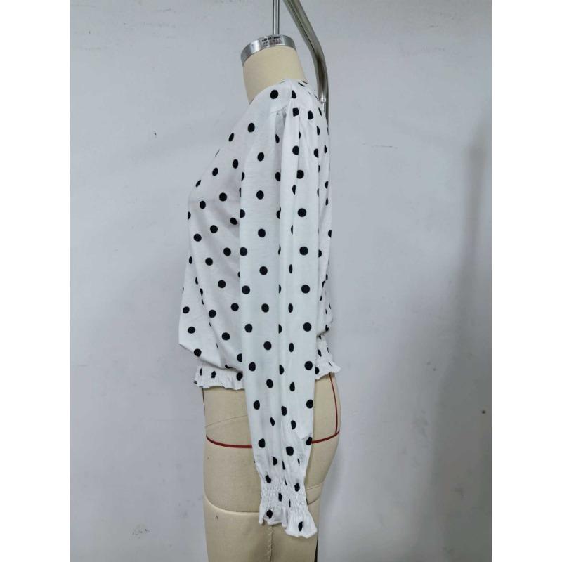 Loose V Neck Polka Dot Print Long Sleeve Casual Women T Shirt