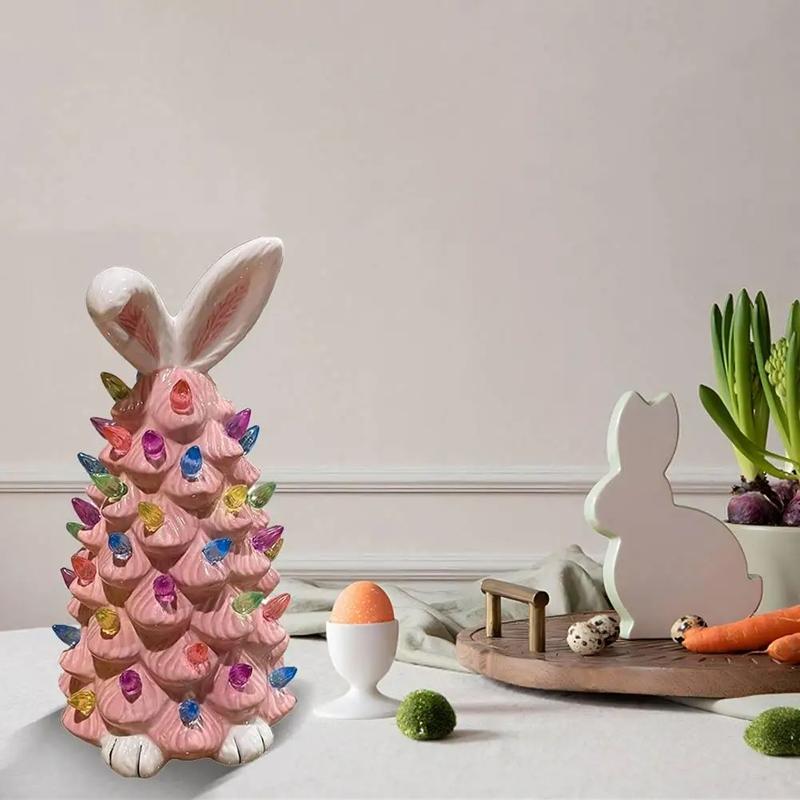 Happy Easter Bunny Tree Resin Bunny Figurines W/ Colorful Beads Tabletop Decor Lights Up Rabbits Spring Easter Decorations Gifts