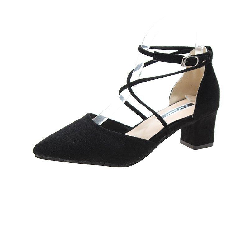 Fashion High Heels Women's Summer Block Heel Pointed Toe Shallow Cross Lace-up Roman One Buckle Strap Hollow Sandals