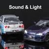 1:32 Scale SKYLINE GTR R34 Sports Car Model Toy Metal Diecast Pull Back Light Music 4 Doors Opened Vehicles Ornaments Gifts