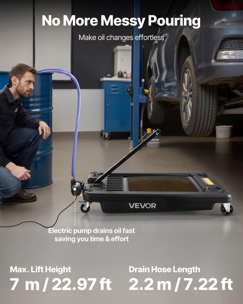 Low Profile Oil Drain Pan, 64 L Capacity, Rolling Oil Drain Pan with Electric Pump & 2.2 M Hose, Leak-proof & Corrosion-resistant, Fit for Cars, SUVs,