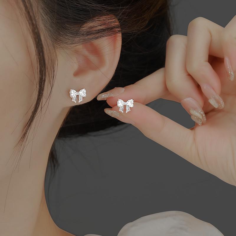 2023 Trend: Korean Style Zircon Bow Stud Earrings in 925 Sterling Silver