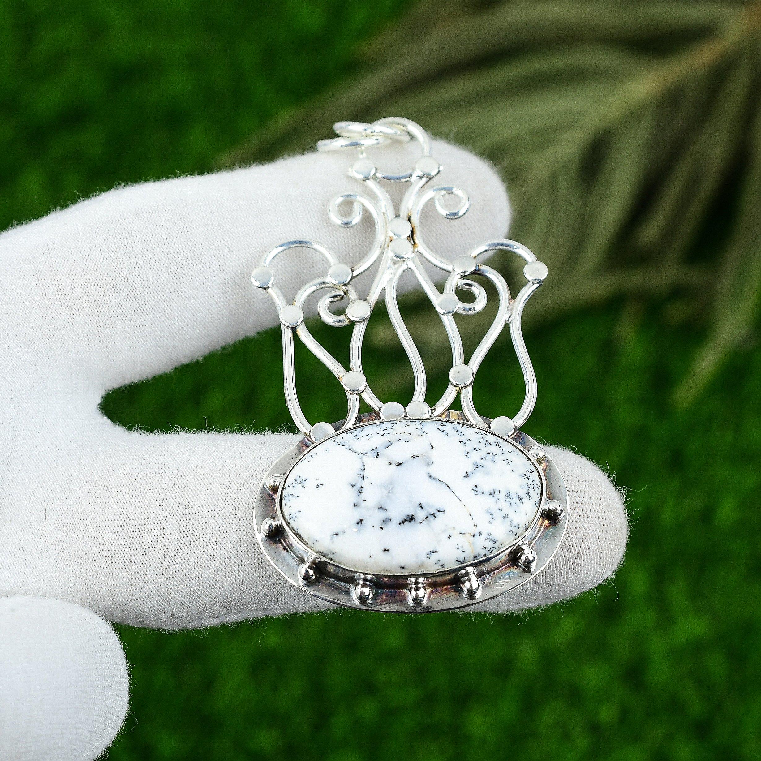 

925 Sterling Silver Oval Dendrite Opal Stone Daughter Art Deco Pendant Jewelry