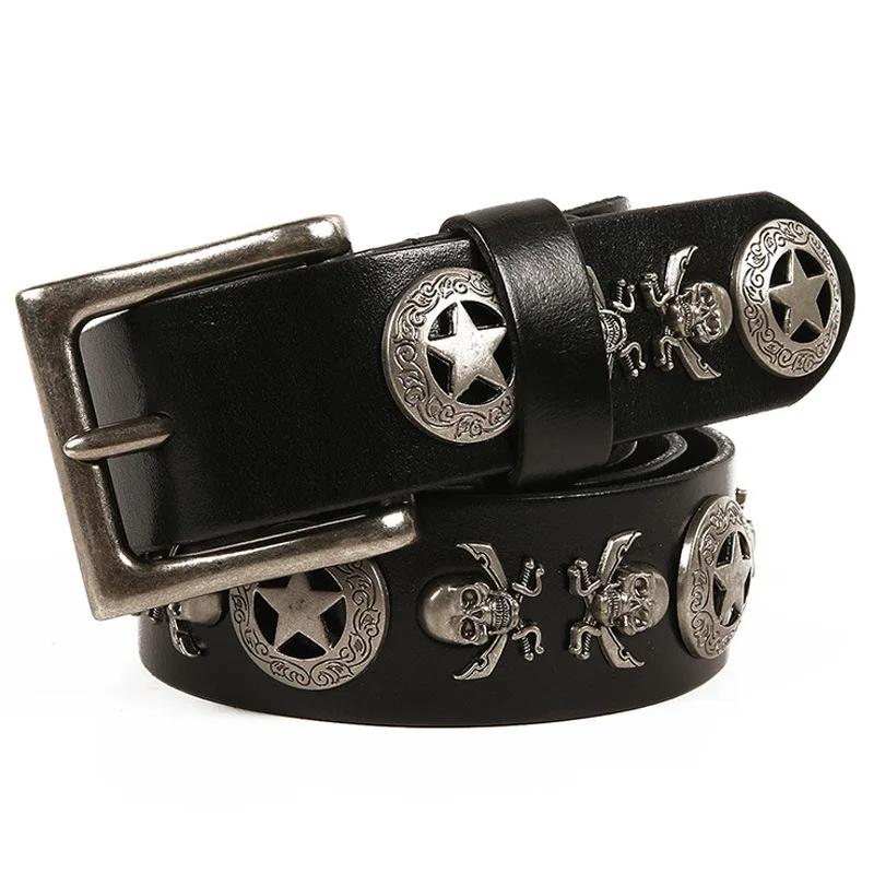 

3.8cm Heavy Metal Rivet Skull Star Real Genuine Leather Belt Men Metal Stud Punk Male Jeans Pin Buckle Cowhide Belts Strap 125cm чорний
