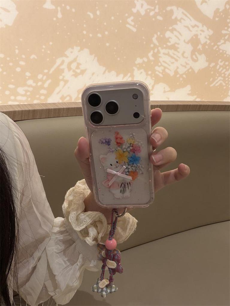 High-End Light Pink Floral Cat Hand Strap for iPhone 17/16 Pro Max/15/14 Case
