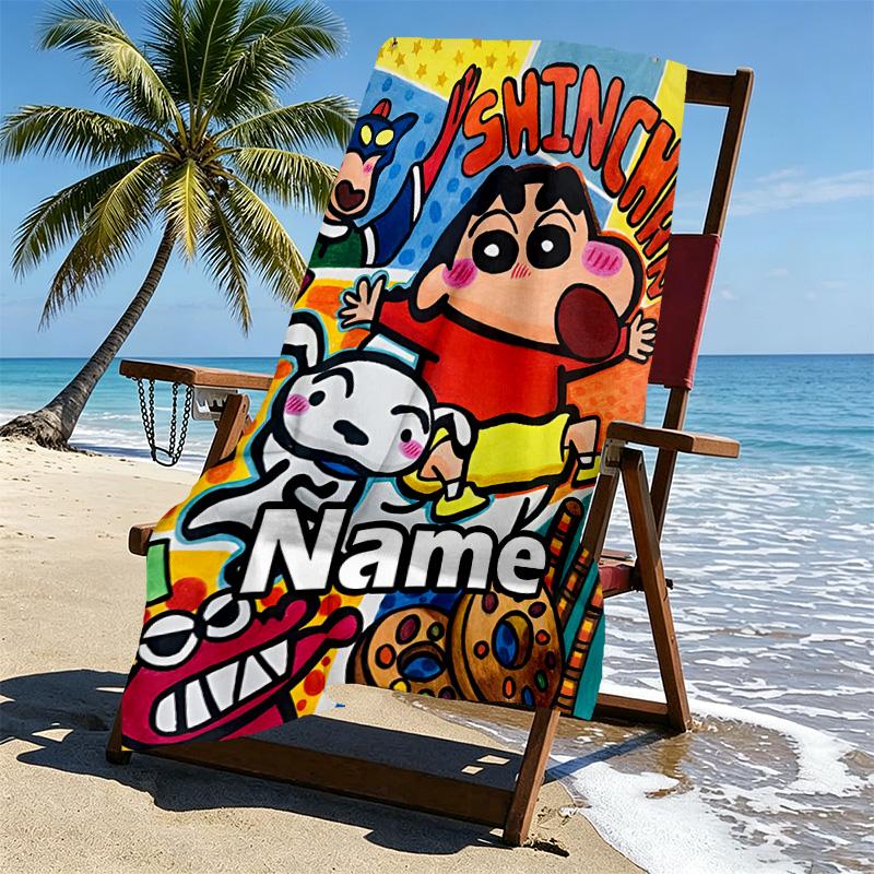 Custom Name Personalized Crayon Shin Print Beach Towel, for Trip Camping Beach Party Home Decor, Birthday Gift for Family & Friends