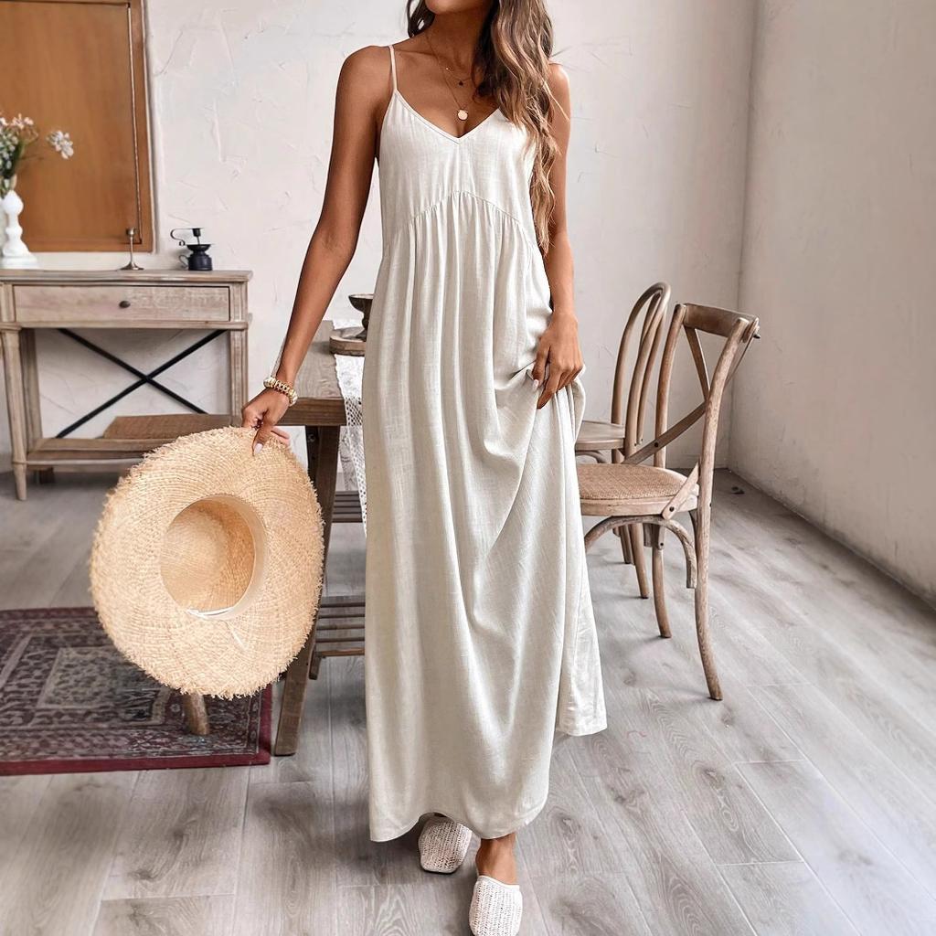 Women's Solid Color Cotton and Linen Dress Suspender Loose Casual A Pendulum Dress