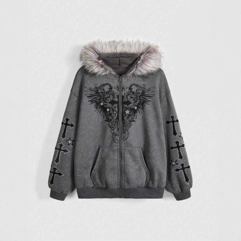 Womens Gothic Style Hooded Zip-Up Sweatshirt With Cross Wing Print Fleece Lined Collar Fall Winter Streetwear