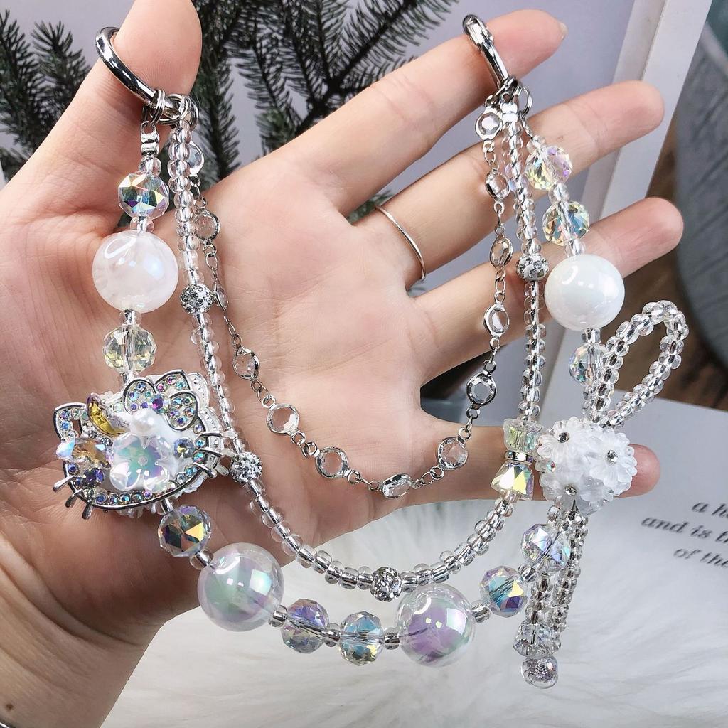 Luxury Beaded High-End Phone Lanyard Cat Wrist Strap Pearl Rhinestone Handmade Bowknot Bracelet Anti-Lost Mobile Phone Chain