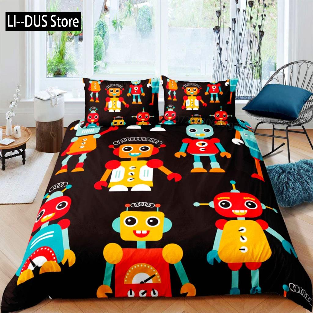 Robot Duvet Cover Set Kids Boys Watercolor Robot Bedding Set Modern Cartoon Super Robot Pattern King Size 2/3pcs Bedding Set