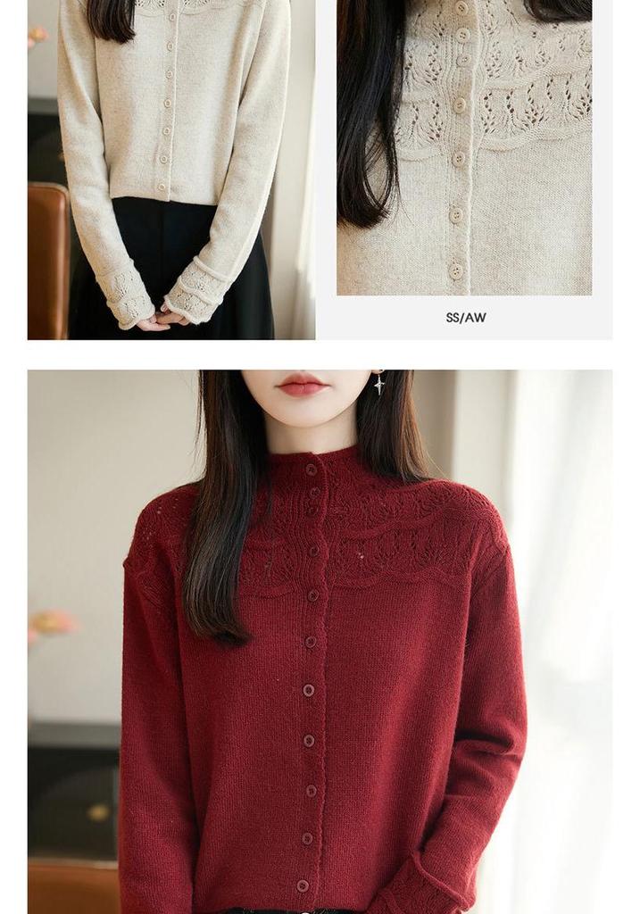 Pink Hollow Out Half-High Neck Cardigan Sweater - Women's Loose Fit Autumn/Winter Fashionable Outerwear