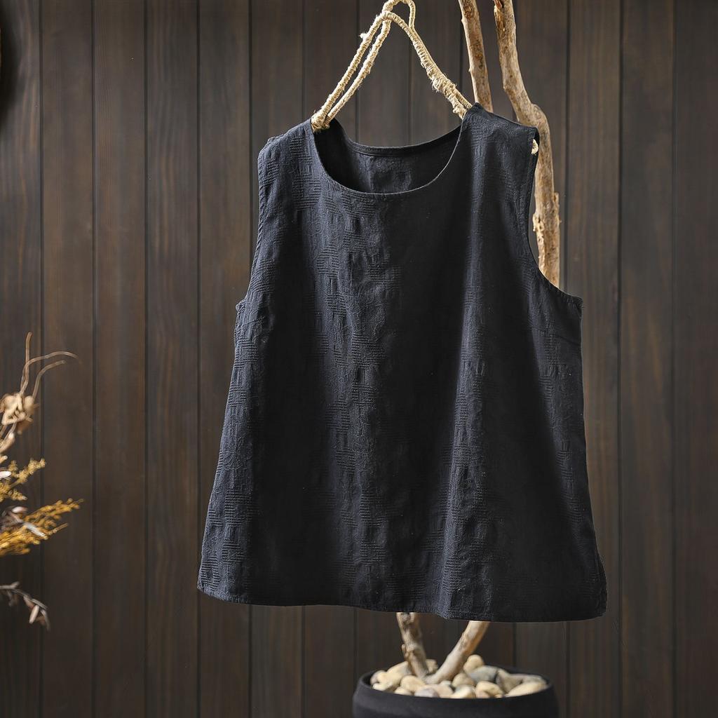 Cotton and Linen Jacquard Sleeveless T-shirt Women's New Summer Outer Wear with Loose and Thin Literary Casual Vest Cotton Top