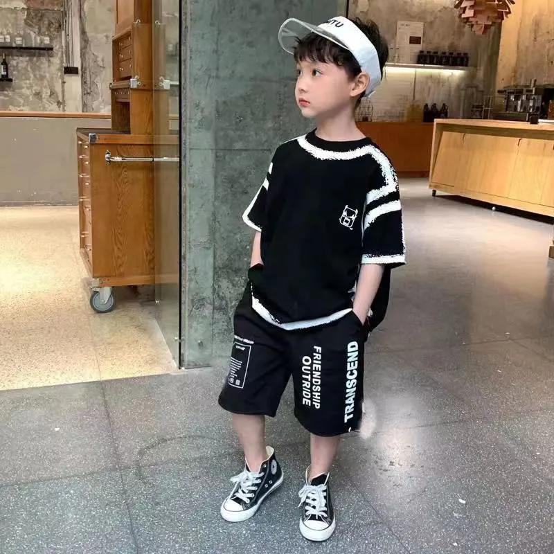 Boys Summer Casual Contrast Alphabet Graffiti T-Shirt Top+Shorts Pant Set School Kids Tracksuit Child 2PCS Outfit