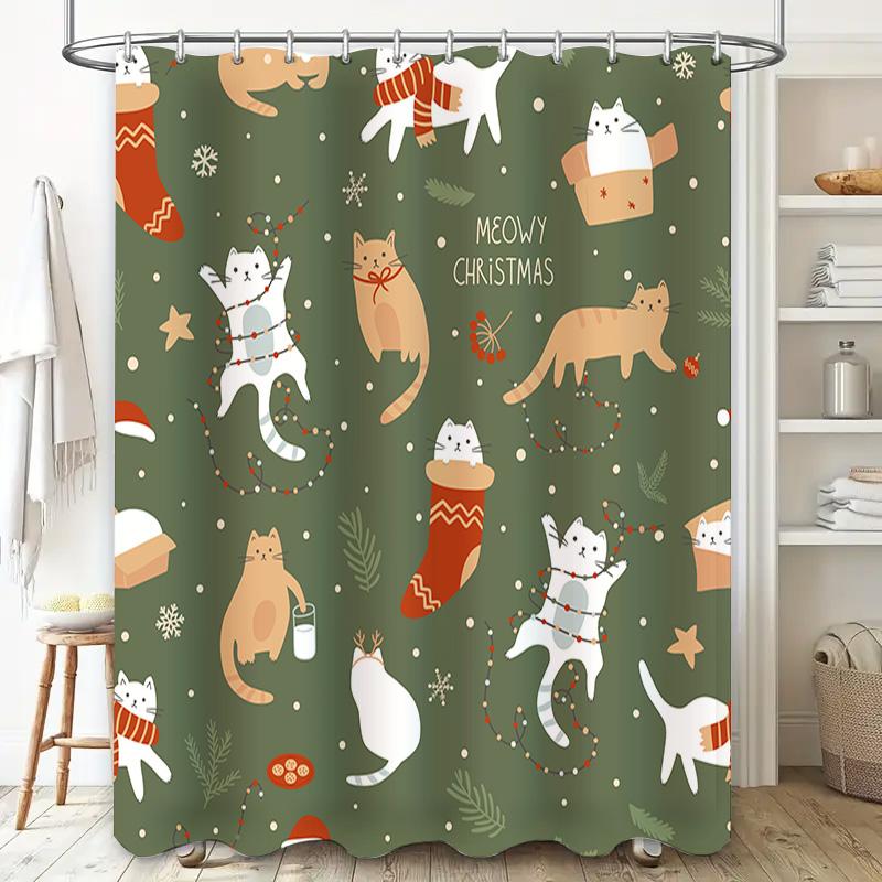 Vintage Cat Christmas Shower Curtain Festive Feline Home Decor for Bathroom Walls in Red Green Orange White Black Floral Pattern