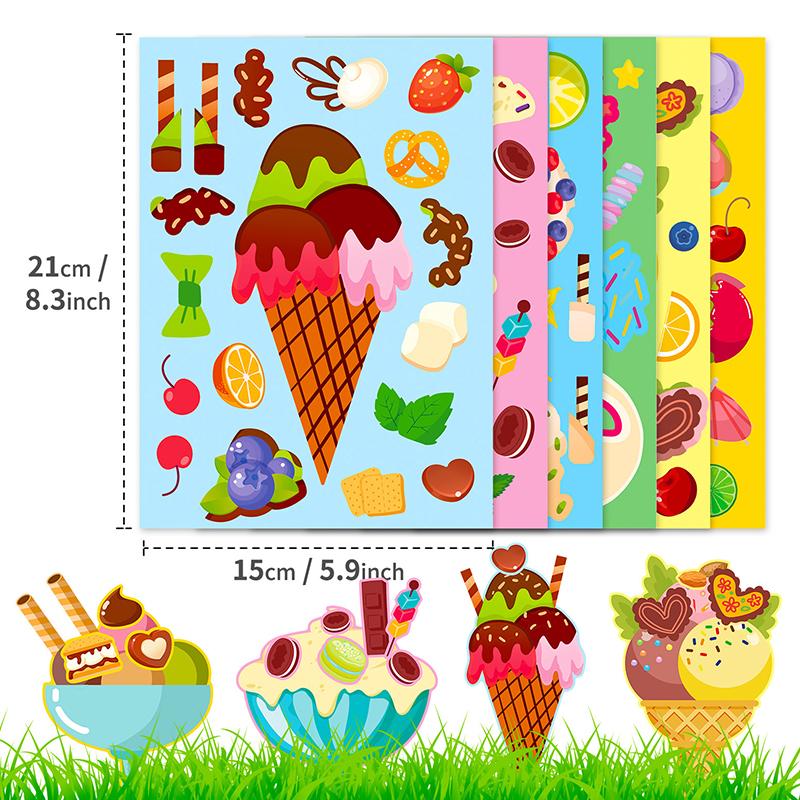 6Sheets/Lot Assorted Ice Cream Style Puzzle Stickers DIY Material Party Gift Goody Bag Filling Sticker Souvenir Game Rewards ZYF