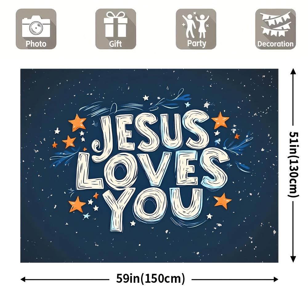 1 Piece, Religious Party Background - Love You Banner with Stars, Navy Blue and Gold Christian Decoration