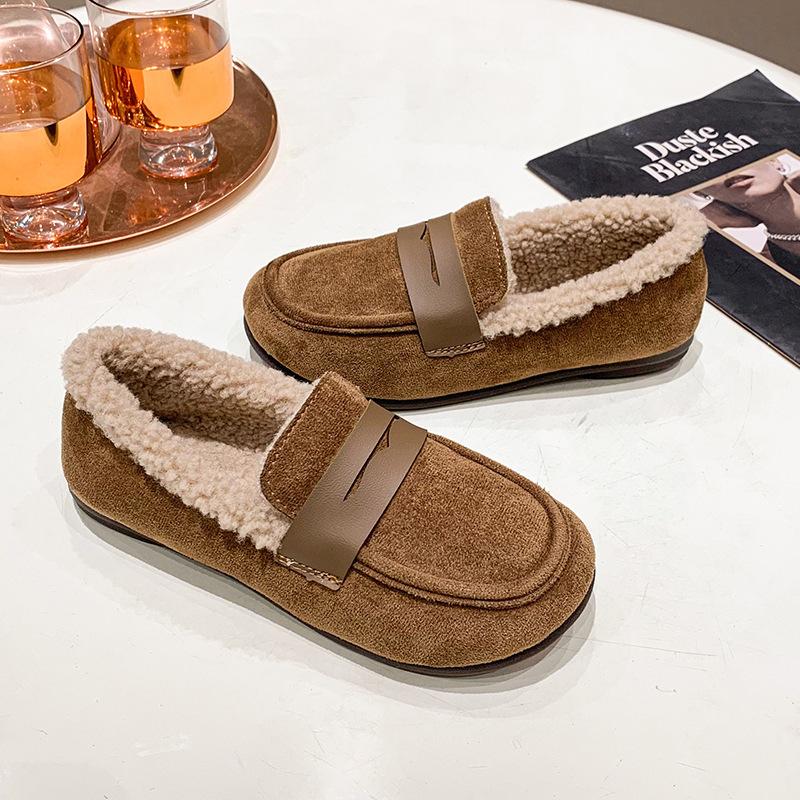 Winter Women's Soft Fur Lining Suede Casual Shoes Ladies House Warm Indoor Outdoor Cotton Shoes Non-slip Fashion Loafers Flats