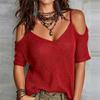 Blusa Moda Donna Estiva Casual Lavorata a Maglia Manica Corta Scollo a V Tinta Unita Patchwork Top Chic Camicie da Donna Bluse per le Vacanze