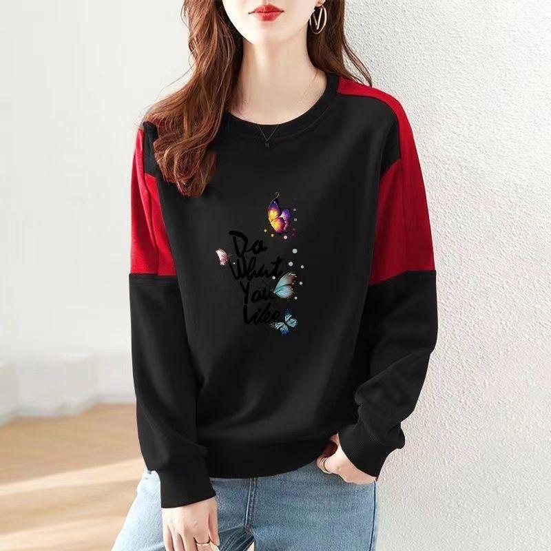 

New Spring and Autumn Fashion Trend Round Neck Simple Sleeve Panel Contrast Butterfly Print Loose Relaxed Oversize Sweater XXXL чорний