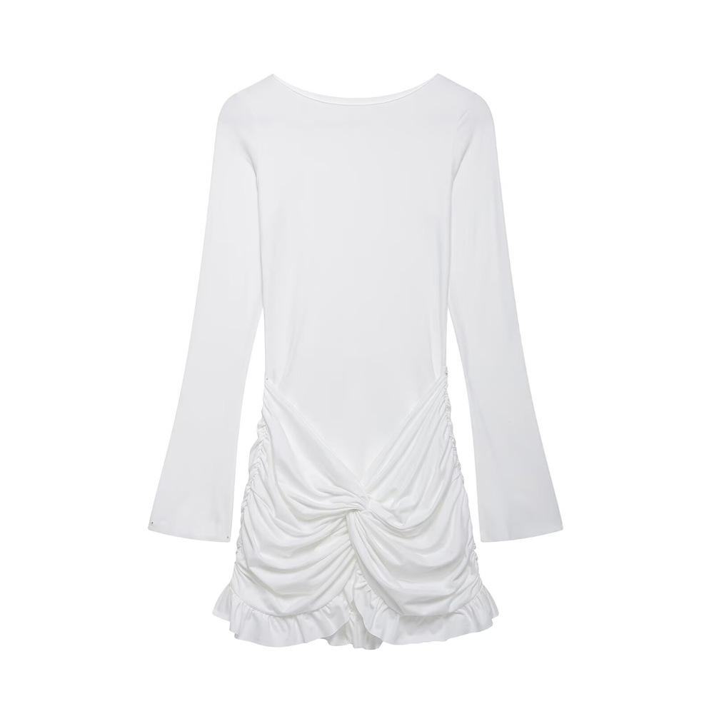 

2025 Spring Sexy Slim Pleated Long-Sleeve Round-Neck Mini Dress S