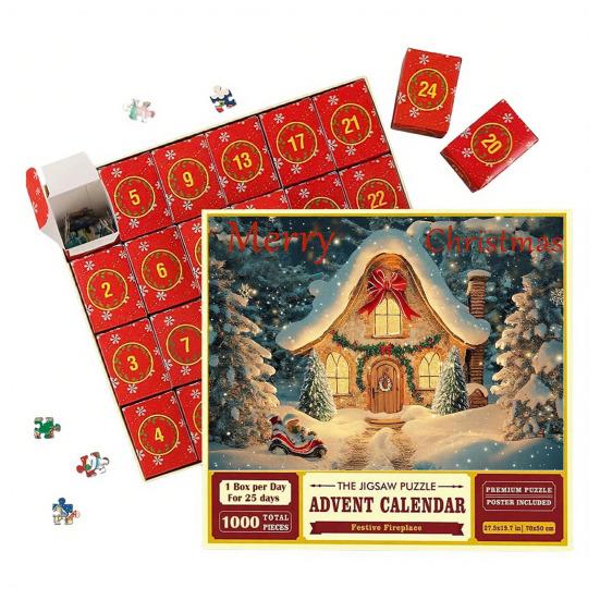 1000Pcs/Set Christmas Jigsaw Puzzle Advent Puzzle 2025 24 Days Educational Puzzle Xmas Countdown Calendar Decoration Holiday Party Gift