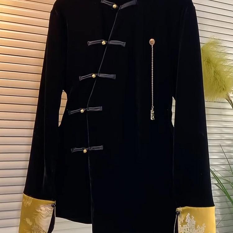 Großformatige Schwarze Stehkragen Froschknöpfe Bluse - Retro Stil Schlankmachendes Oberteil für Damen