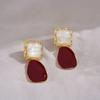 Retro French Hepburn-Style Wine Red Shell Earrings: Elegant Socialite Hong Kong Trend