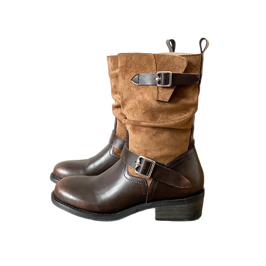 Vintage old fashion boots women's autumn and winter rubbing thick heel thick-soled knight boots belt buckle medium tube stacking boots