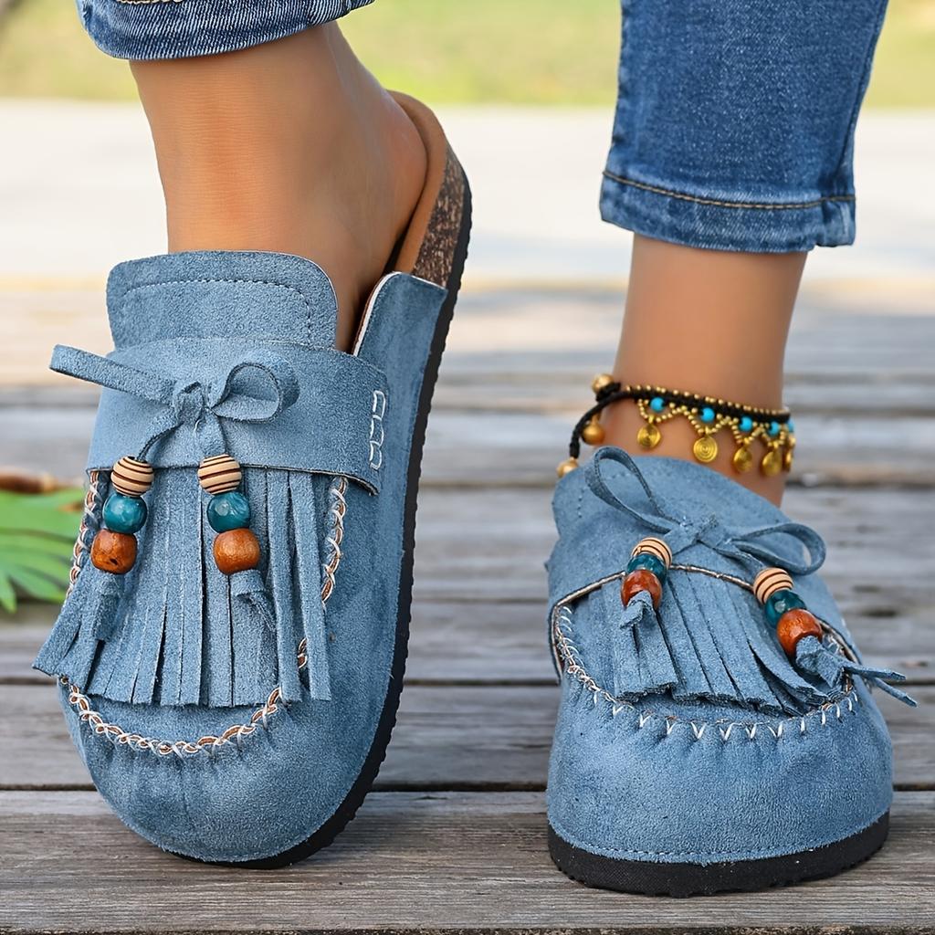 Women's Vintage Tassel Birkenstock Slides - Round Toe Slip-On Mules with Thick Soft Sole for Summer