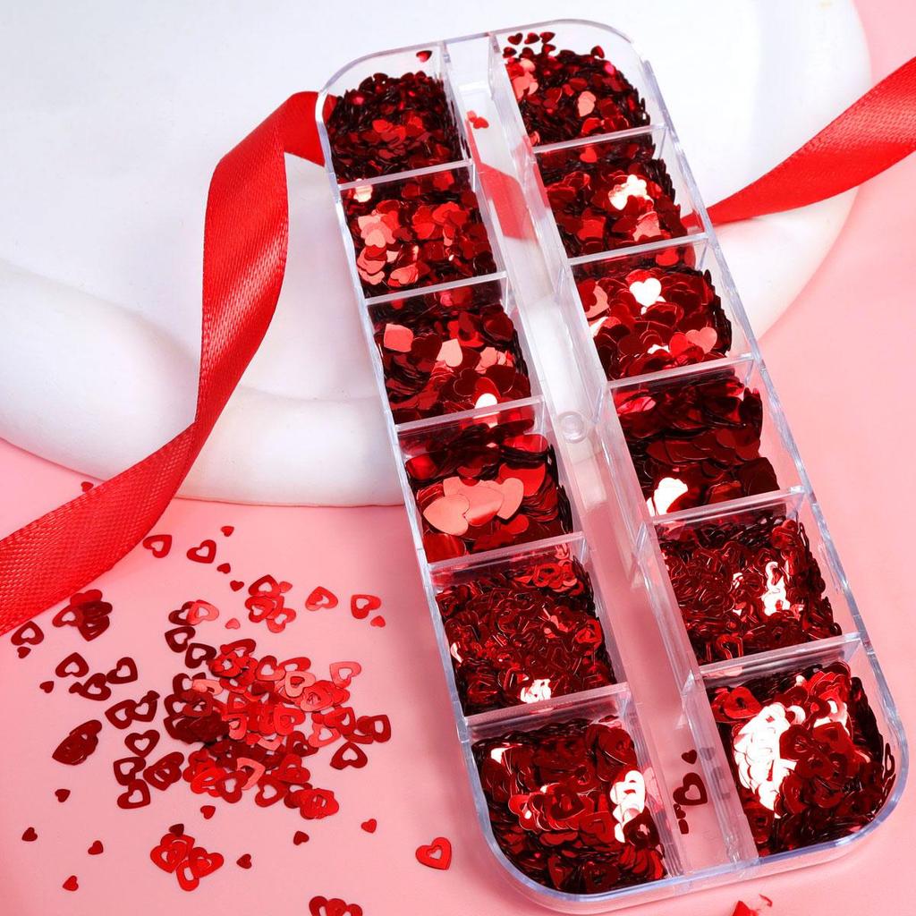 12 Gitter Valentinsrot Liebesherz Pailletten Nailart Flocken Kreuze Dekoration für Gel-Maniküre Zubehör Nagelstylist Zubehör