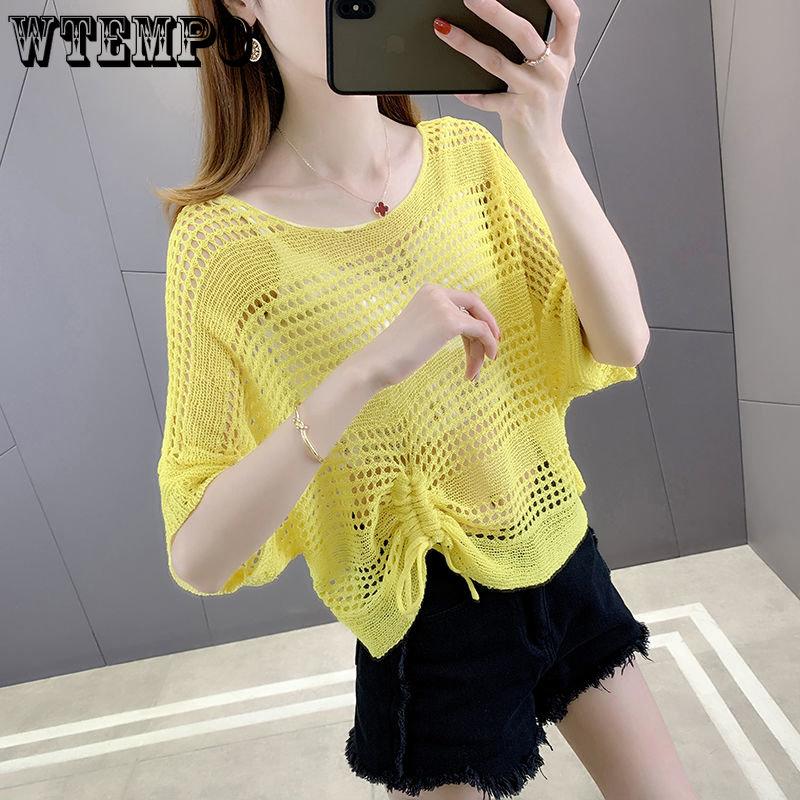 WTEMPO Summer Knitted Cardigan Women's Hollow Thin T-Shirts Loose V-Neck Short Sleeve Knitted Vests Short Tops