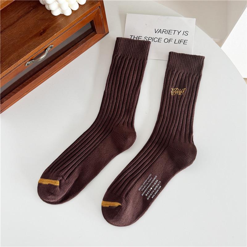 Cityboy Thick Ribbed Embroidered Mid-Calf Socks - Shawn Yue Style, Trendy Korean Cotton Couple's Socks